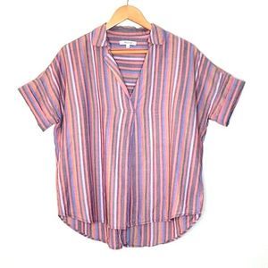 MADEWELL Courier Button Back Rainbow Stripe Boxy V-Neck Shirt size Small